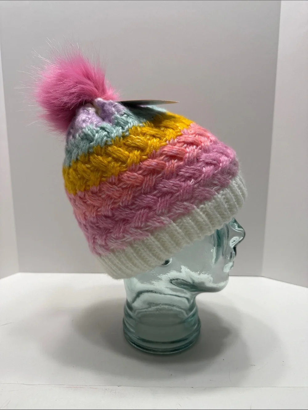 wonder nation Pink Multicolor Knit Pom Beanie with Faux Fur Pom